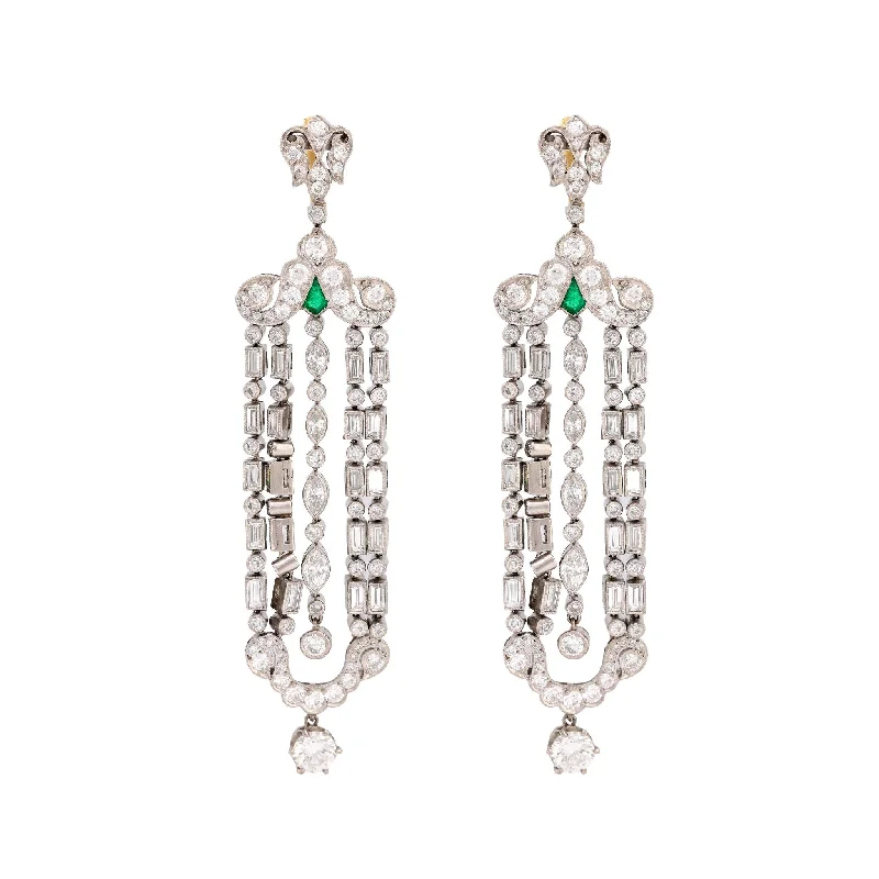 Woven cord earrings-Art Deco inspired 9.2 carat diamond emerald platinum chandelier earrings