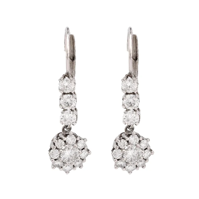 Light hoop earrings-Mid Century 2 carat total weight diamond platinum flower drop earrings