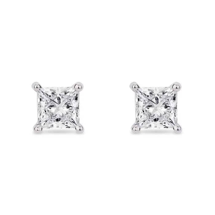 Fiber bead earrings-Lightbox 1.0CTW LabGrown Princess Cut Diamond 4-Prong Stud Earrings in 14K White Gold