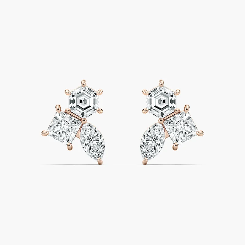 Bead cluster earrings-Three Stone Stud Lab Grown Diamond Earrings - Hexagon, Marquise And Lozenge