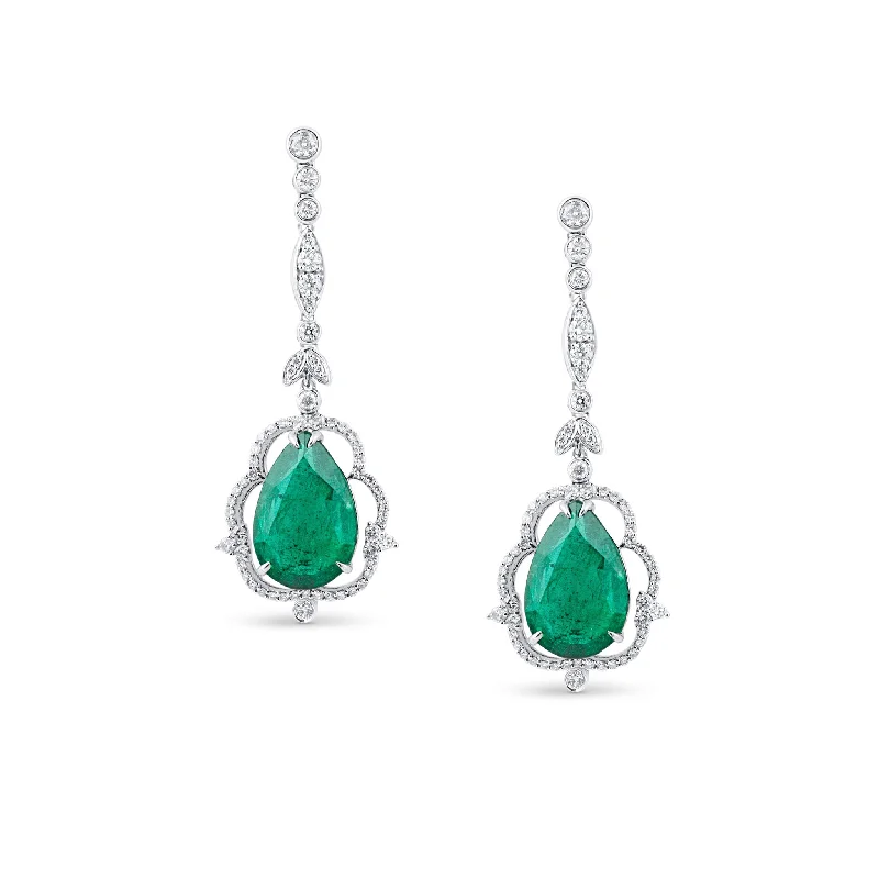 Breezy drop earrings-Emerald P/S & Diamond Earring In 18K White Gold