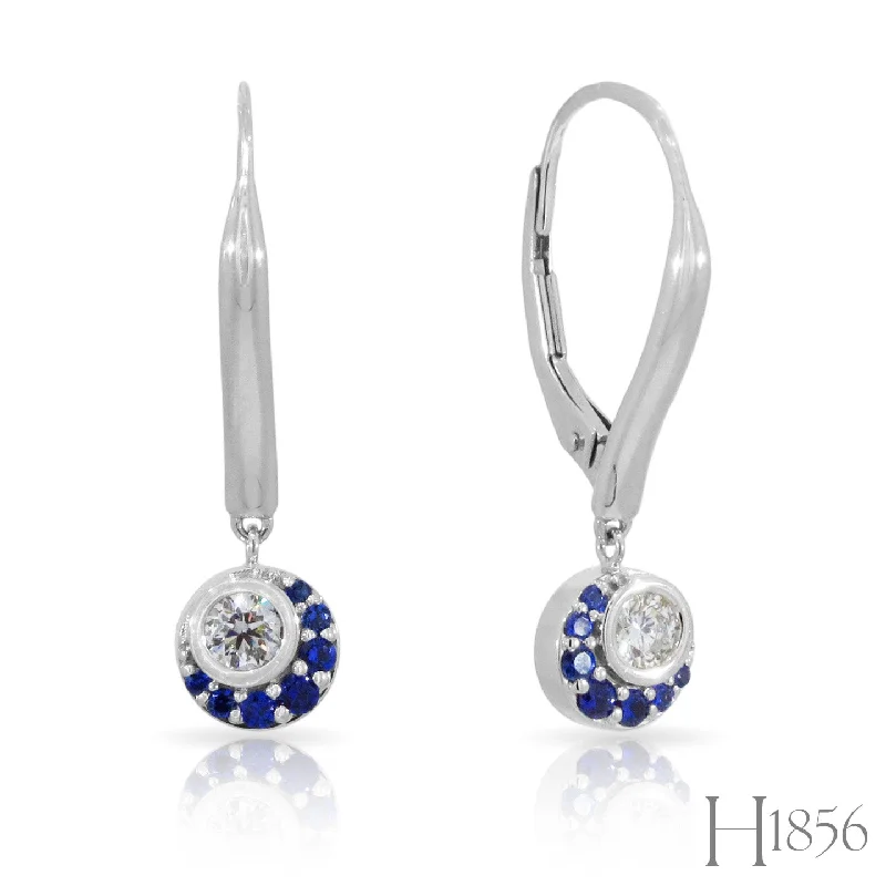 Chiseled disc earrings-Diamond and Sapphire Crescent Moon Drop Earrings