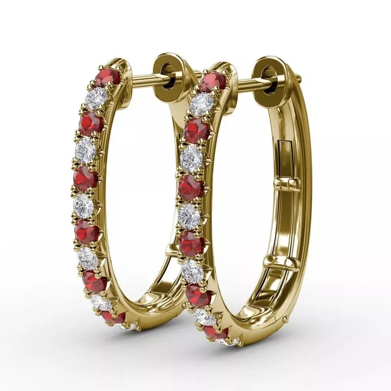 Woven cord earrings-Alternating Ruby and Diamond Hoop Earrings