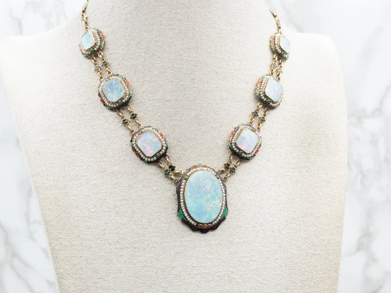 Linked knot necklaces-Rare Early 1900's Opal Seed Pearl and Enamel Necklace