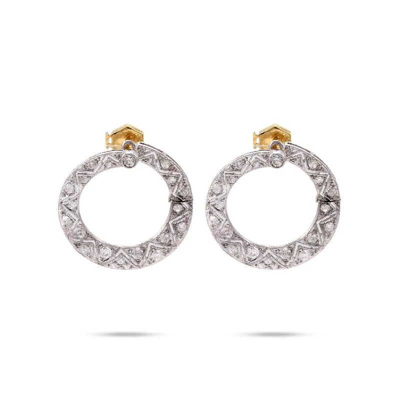 Mixed alloy earrings-Art Deco Diamond Platinum and 18K Yellow Gold Hoop Earrings