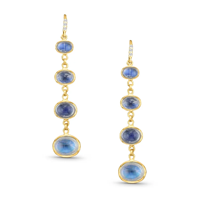 Soft enamel earrings-Rainbow Moonstone Oval & Diamond Earring In 18K Yellow Gold