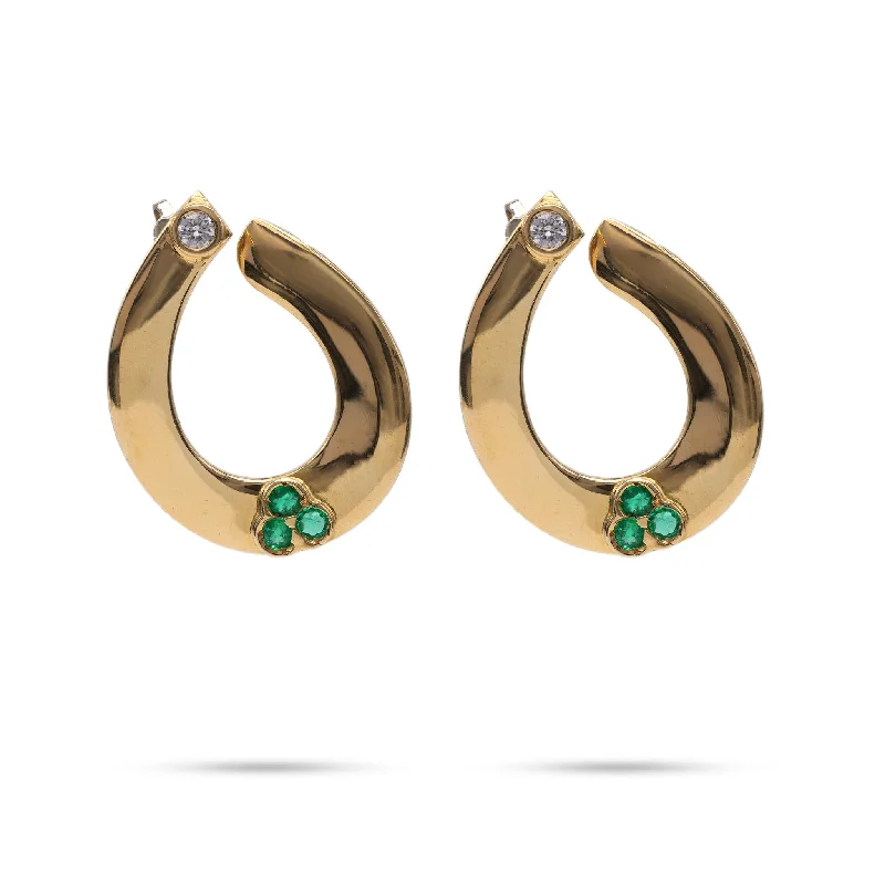 Cotton thread earrings-Diamond Emerald Yellow Gold Hoop Earrings