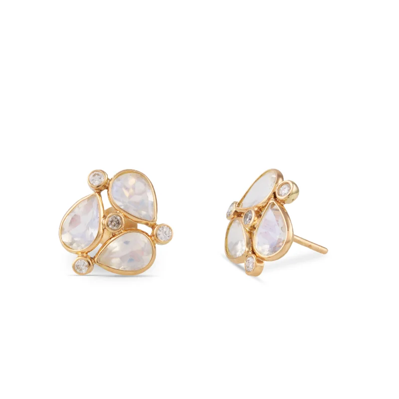 Curved drop earrings-Rainbow Moonstone Pear Shape & Diamond Earring In 18K Yellow Gold