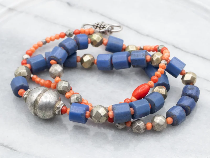 Soft enamel necklaces-Mixed Era Blue Glass, Coral, Sterling Silver African Trade Beaded Necklace