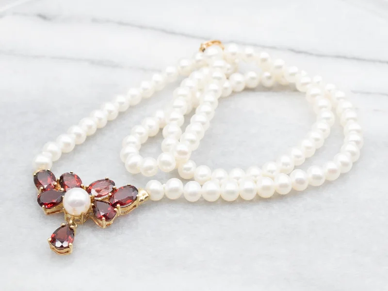 Slanted bar necklaces-White Freshwater Pearl Beaded Necklace with Garnet Pendant