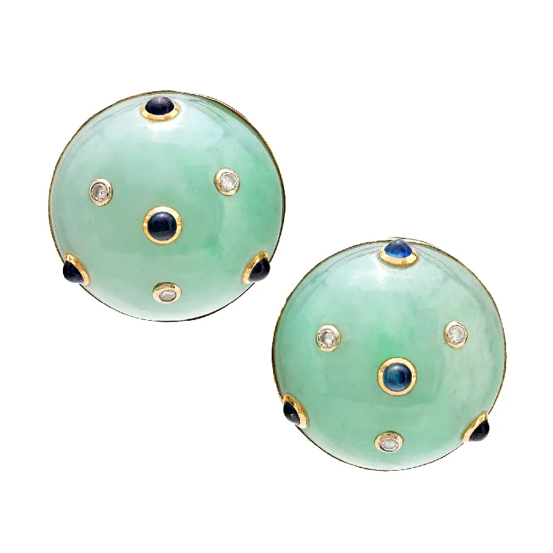 Flat medallion earrings-Trianon jadeite sapphire diamond 14k yellow gold clip on earrings