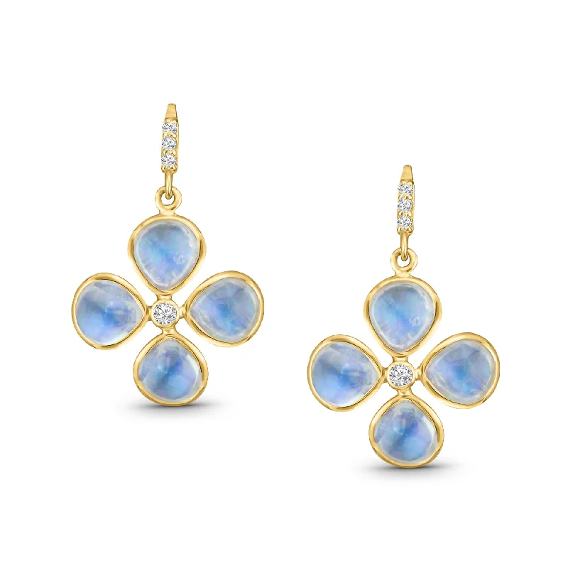 Rococo style earrings-Rainbow Moonstone Tabiz Shape & Diamond Earring In 18K Yellow Gold