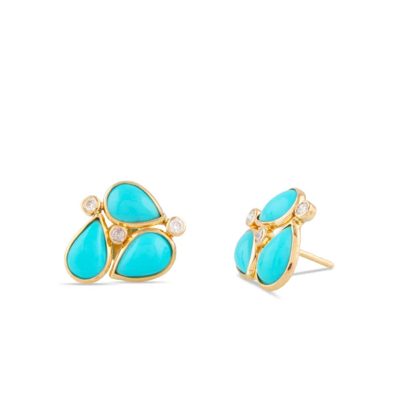 Beryl stone earrings-Turquoise Pear Shape & Diamond Earring Stud In 18K Yellow Gold