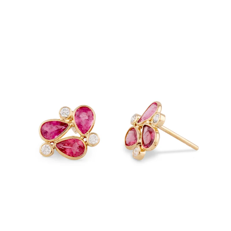 Retro jazz earrings-Pink Tourmaline Pear Shape & Diamond Earring Stud In 18K Yellow Gold