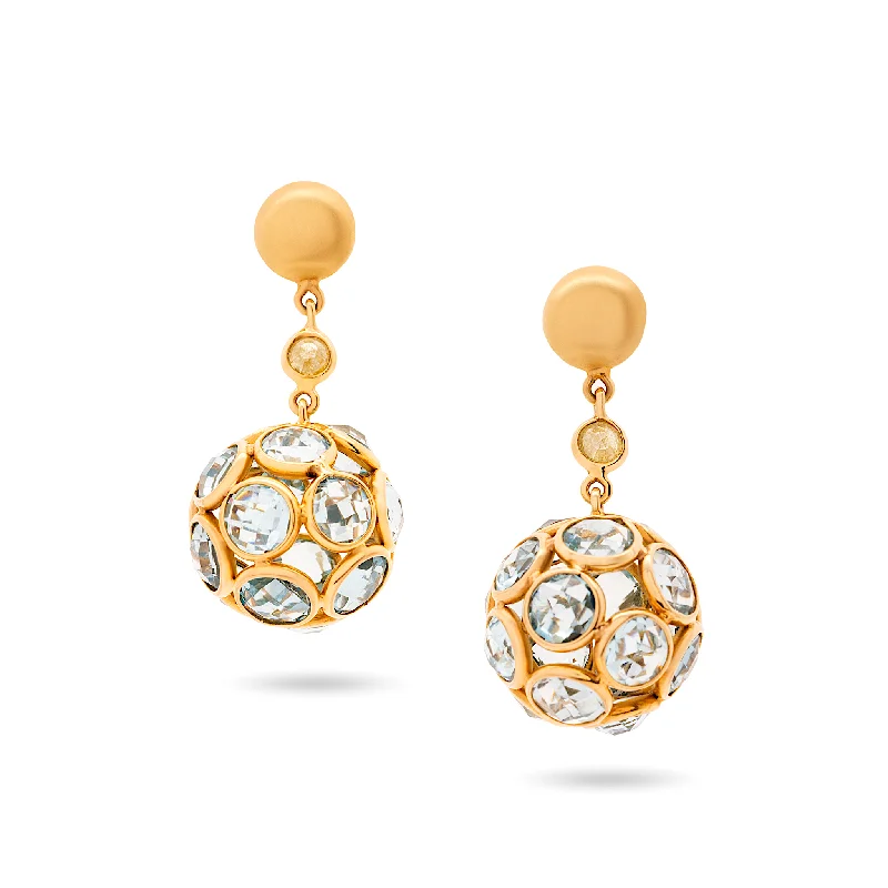 Stream drop earrings-Blue Topaz & Organic Diamond Sphere Ball Earring  In 18K Yellow Gold