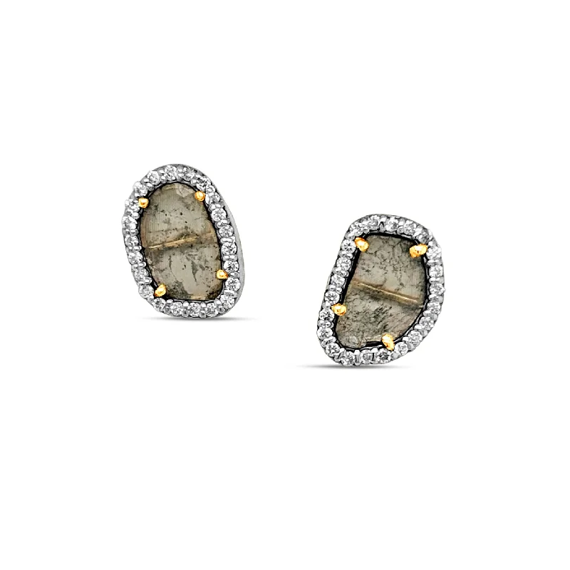 Curved stud earrings-Diamond Slice & Diamond Studd Earring In 18K Yellow Gold