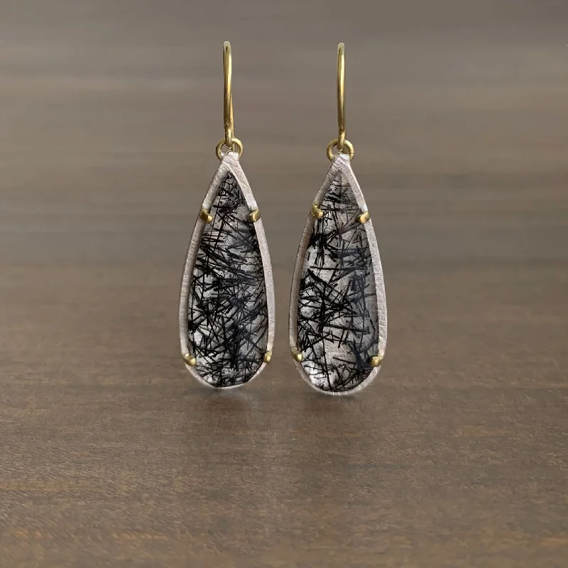 Pine wood earrings-Prong Set Teardrop Tourmalated Quartz Earrings