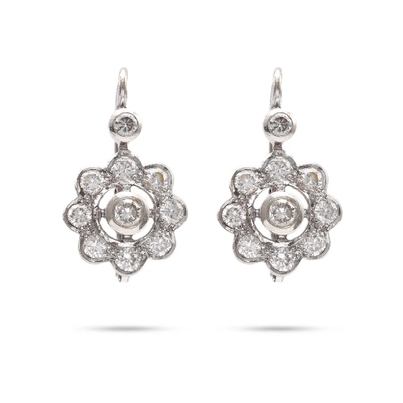 Stream shape earrings-Vintage Austrian Diamond 14k White Gold Cluster Earrings