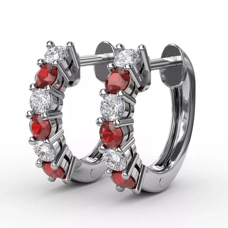 Lustrous silver earrings-Shared Prong Ruby And Diamond Hoop Earrings