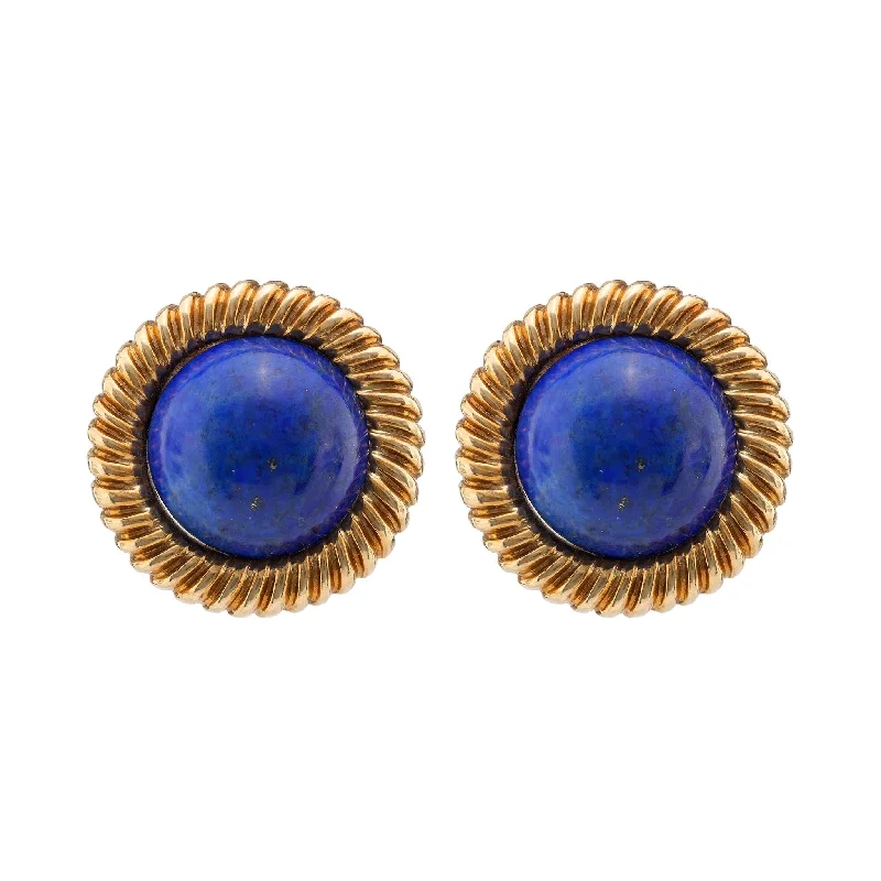 Chiseled disc earrings-Vintage Large Cabochon Lapis Lazuli 18K Yellow Gold Clip Earrings