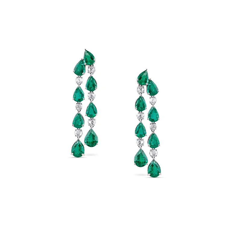 Stream shape earrings-Emerald Pear Shape & Diamond Earring In 18K White Gold