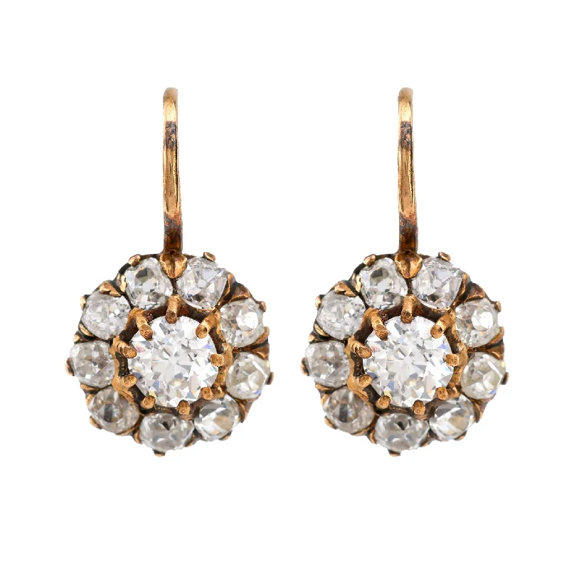 Polished gloss earrings-Antique Style Old Mine Diamond 18K Yellow Gold Flower Cluster Drop Earrings