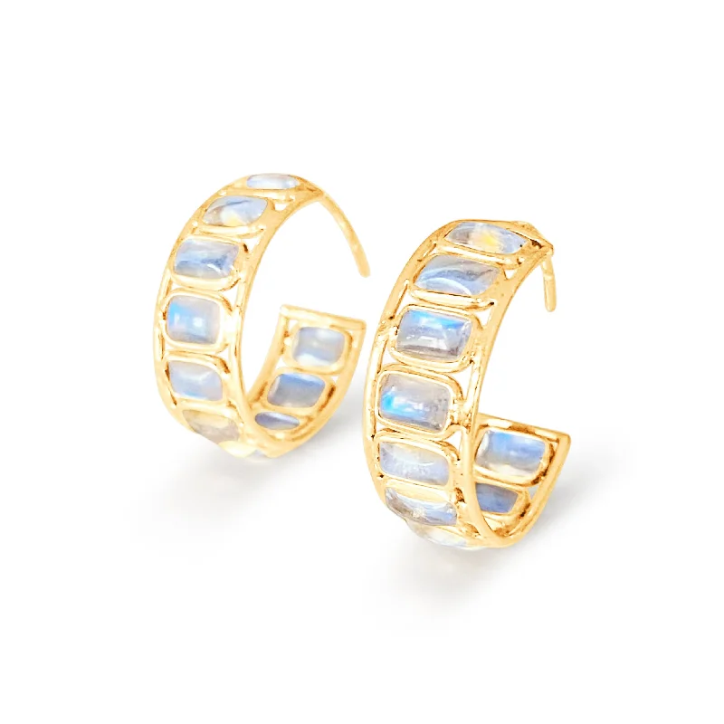 Root pattern earrings-Rainbow Moonstone Rectangle Hoop Earring In 18K Yellow Gold