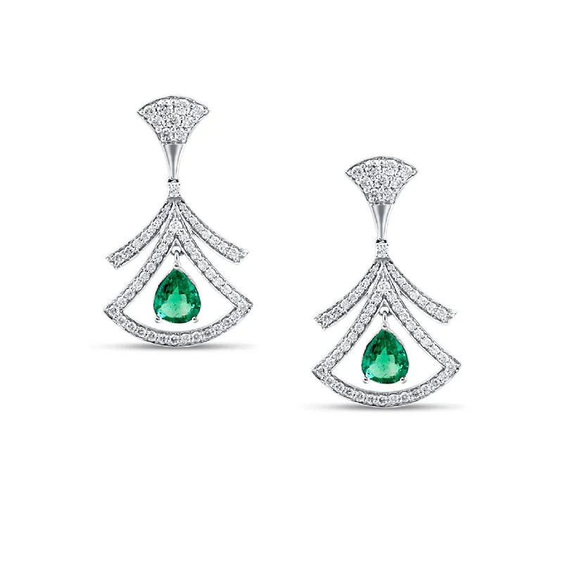 Twist loop earrings-Emerald P/S & Diamond Earring In 18K White Gold