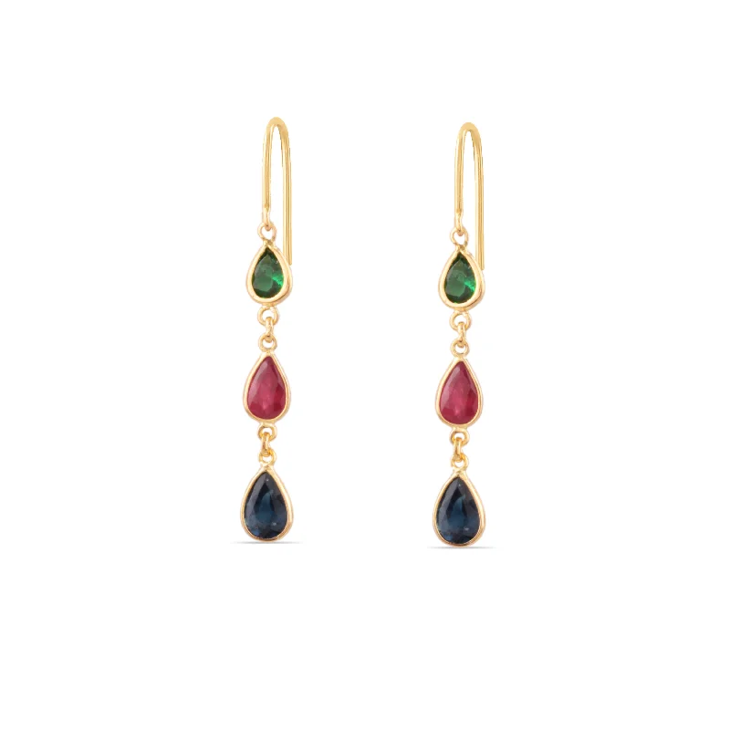 Rich tier earrings-Emerald, Ruby & Blue Sapphire Pear Shape Earring In 18K Yellow Gold