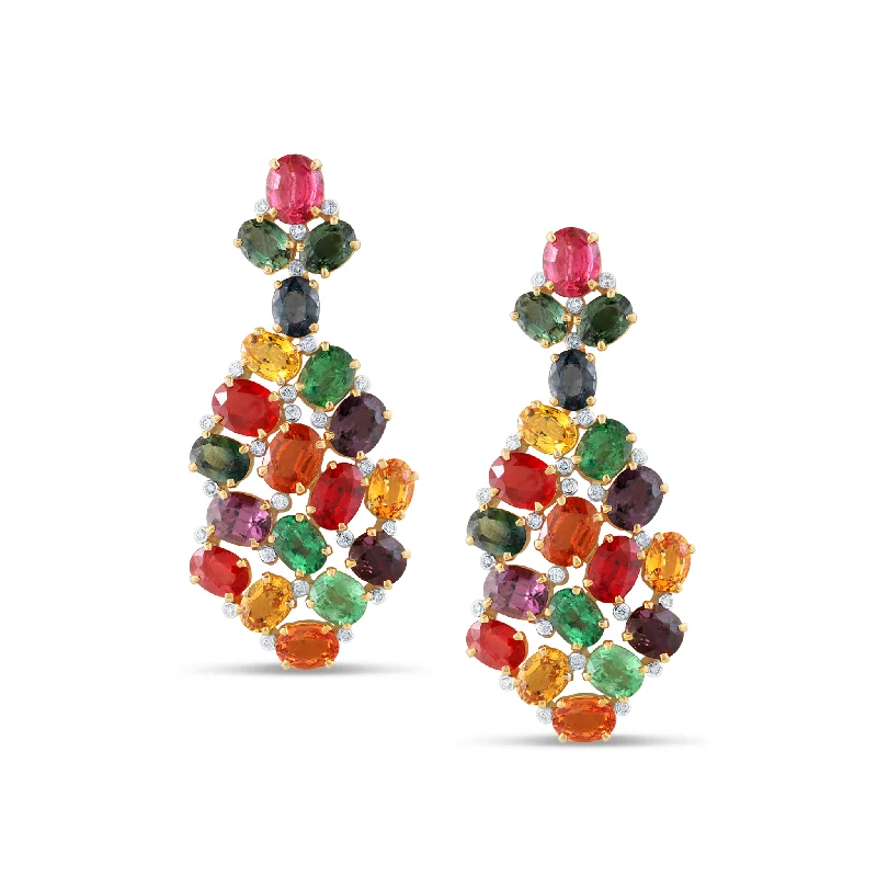 Straw style earrings-Mulicolor Spinel, Tsavorite, Tourmaline & Diamond Earring In 18K Yellow Gold