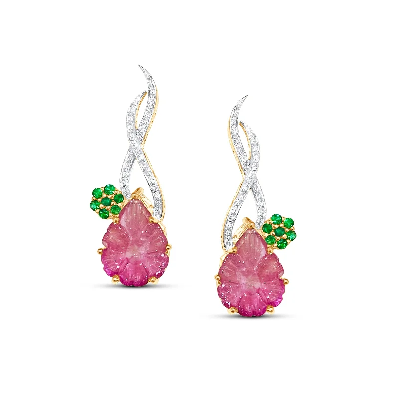 Fine texture earrings-Tourmaline Carved Leaves, Emerald & Diamond Earring In 18K Yellow Gold