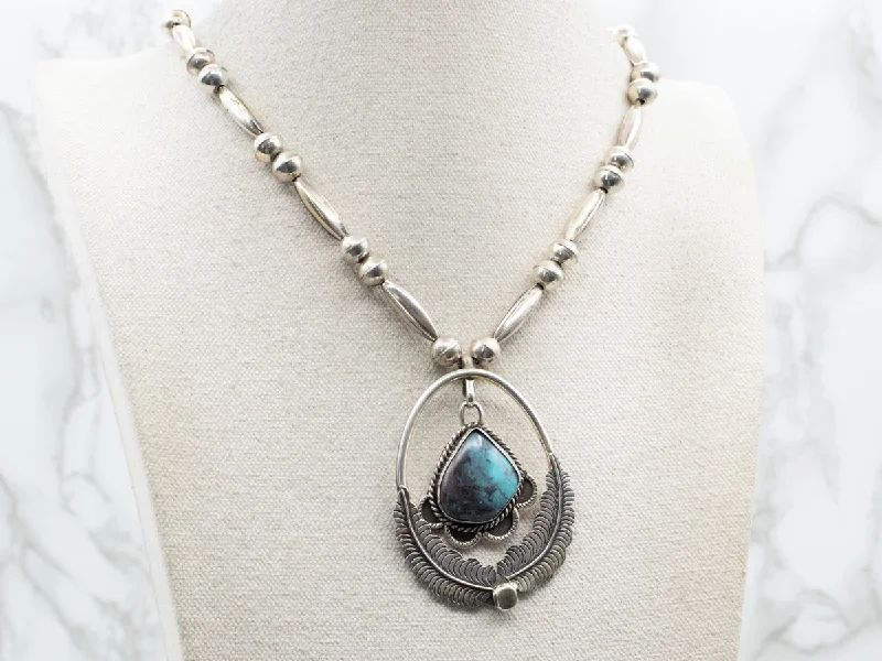 Seven-layer necklaces-Sterling Silver Native American Statement Necklace with Turquoise Swinging Pendant