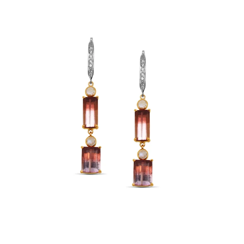 Forged art earrings-Bi-Color Tourmaline Dangle Earrings With Diamond Pave In 18K Yellow Gold