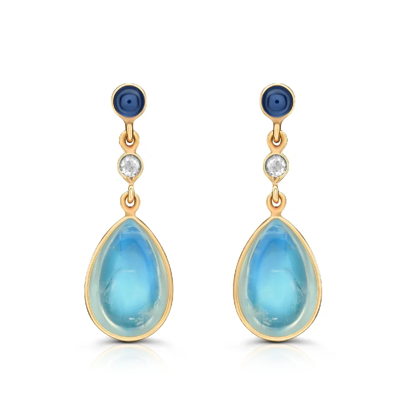 Curved drop earrings-Blue Sapphire Round, Rainbow Moonstone Pear Shape And Diamond Earring In 18K Yellow Gold