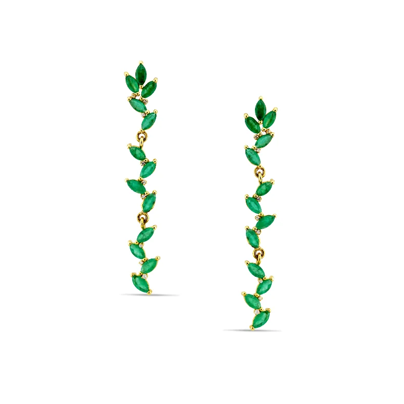 Seafoam motif earrings-Emerald Marquise & Diamond Earring In 18K Yellow Gold