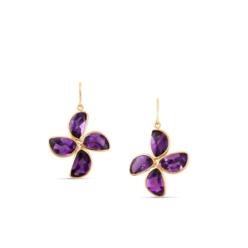 Seafoam theme earrings-Amethyst flower Earring In 18K Yellow Gold