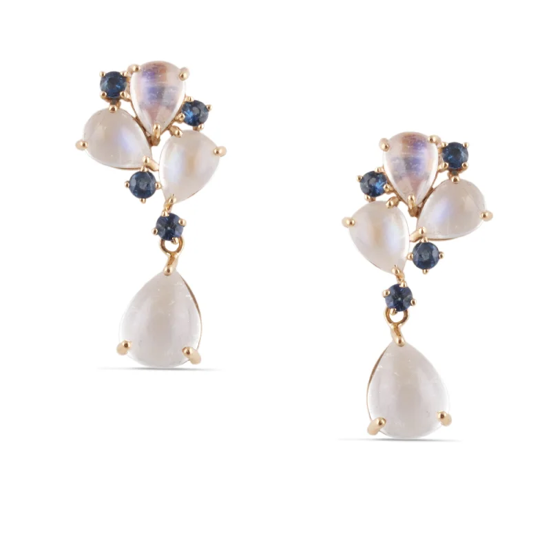 Bali tile earrings-Blue Sapphire Round & Rainbow Moonstone Pear Shape Earring In 18 Kt Yellow Gold