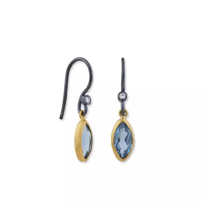 Forged art earrings-Lika Behar Thames London Blue Topaz Earrings with Diamonds in Oxidized Sterling Silver and 22K Yellow Gold