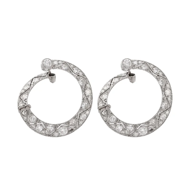 Root pattern earrings-Art Deco Style Diamond Platinum Hoops Earrings