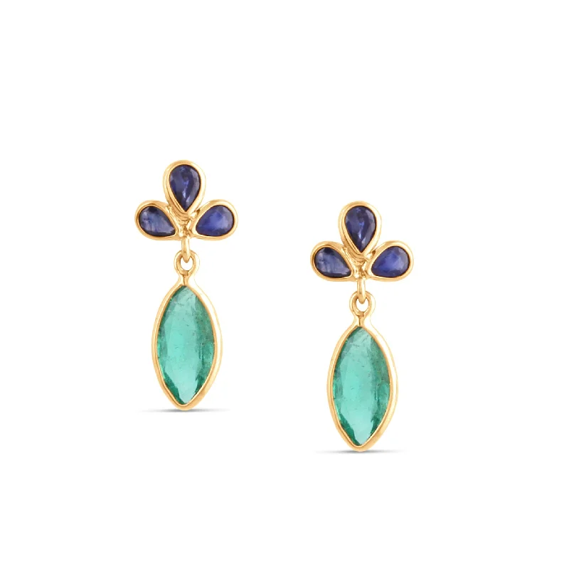 Spirit eye earrings-Blue Sapphire Pear shape & Emerald Marquies Earring In 18K Yellow Gold