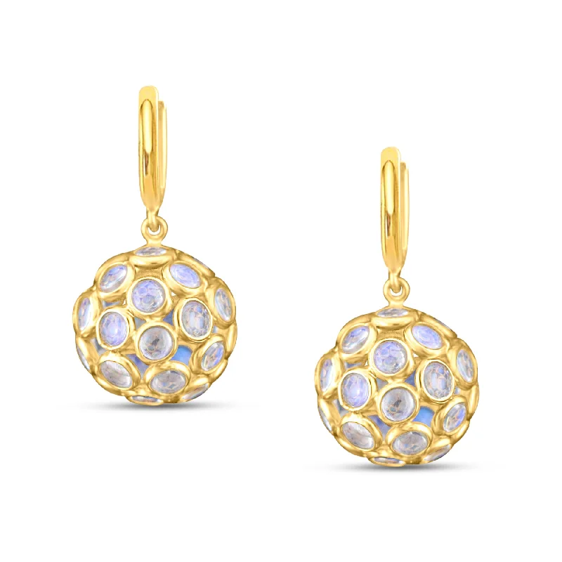 Stream shape earrings-Rainbow Moonstone Ball Earrings With Plain Gold Huggies In 18K Yellow Gold