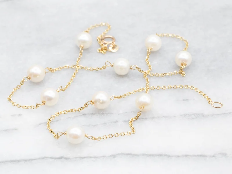 Fine thread necklaces-Pearl Station Necklace with Spring Ring Clasp