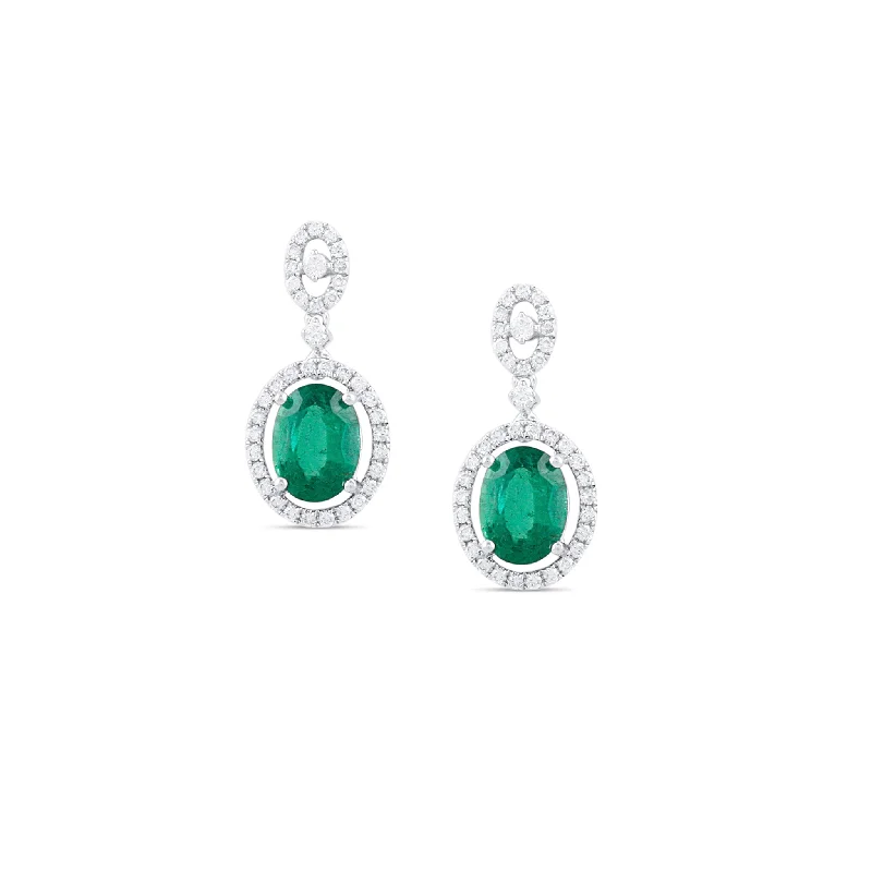 Graceful art earrings-Emerald Oval & Diamond Earring In 18K White Gold