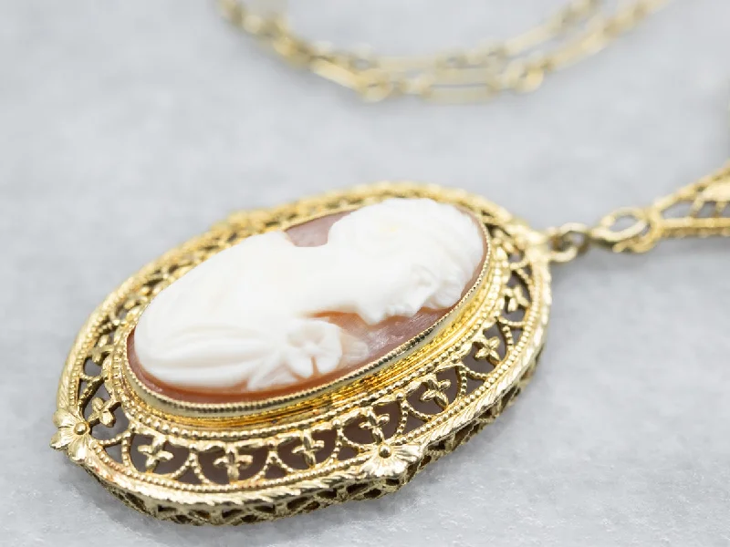 Linked knot necklaces-Mid Century Cameo Filigree Necklace