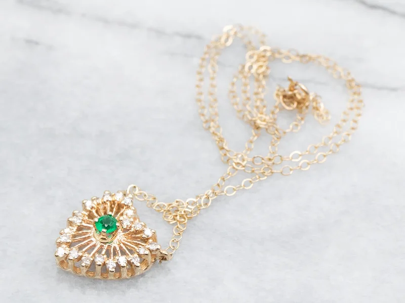 Fine wire necklaces-Gold Emerald and Diamond Halo Heart Shaped Necklace