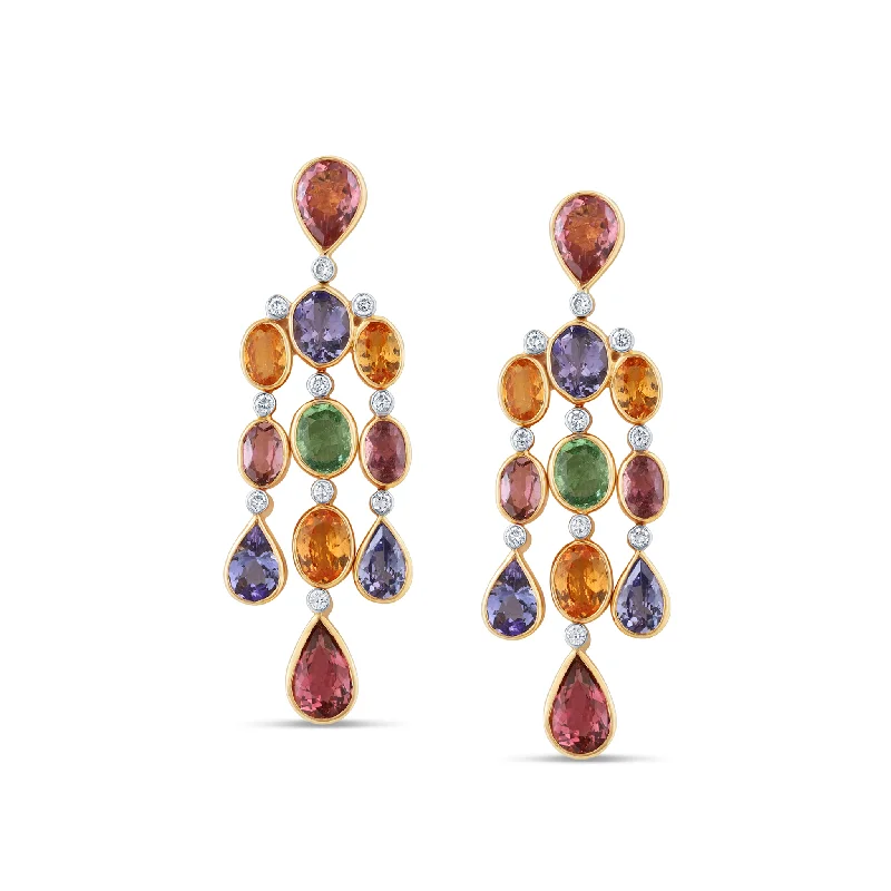 Overhand knot earrings-Tourmaline, Tanzanite, Mandarine & Diamond Earring In 18K Yellow Gold