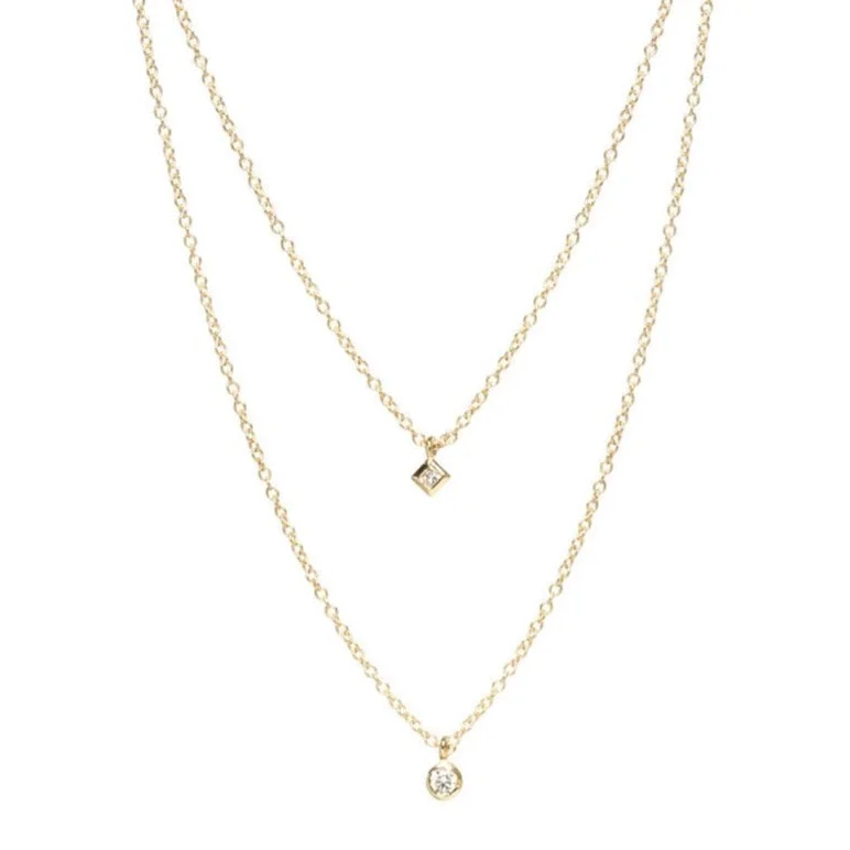 Lustrous gold necklaces-Double Layer Princess + Round Diamond Necklace