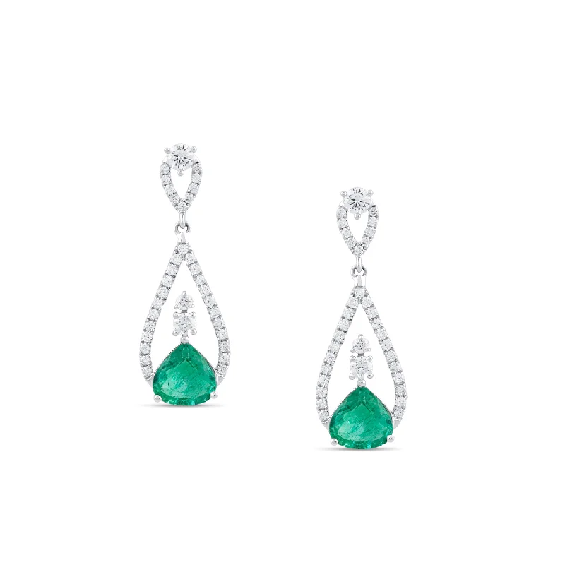 Aquamarine stud earrings-Emerald Tabiz & Diamond Earring In 18K White Gold