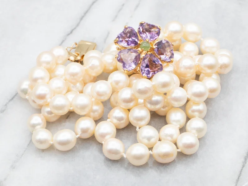 Oval gem necklaces-Vintage Pearl Necklace with Amethyst and Jade Floral Clasp