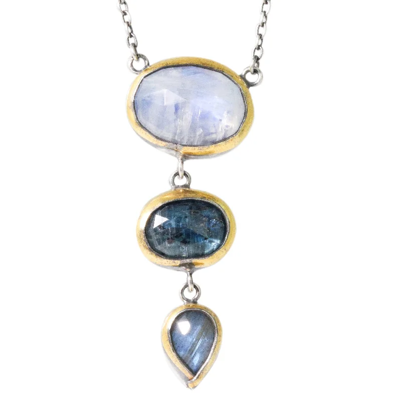 Tribal medallion necklaces-Rainbow Moonstone, Kyanite & Labradorite Triple Necklace